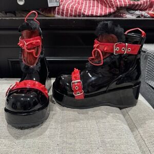 Demonia Black Platform Ankle Boots Red Spikes Fur Punk Emo Goth Cubby 57 Size 10